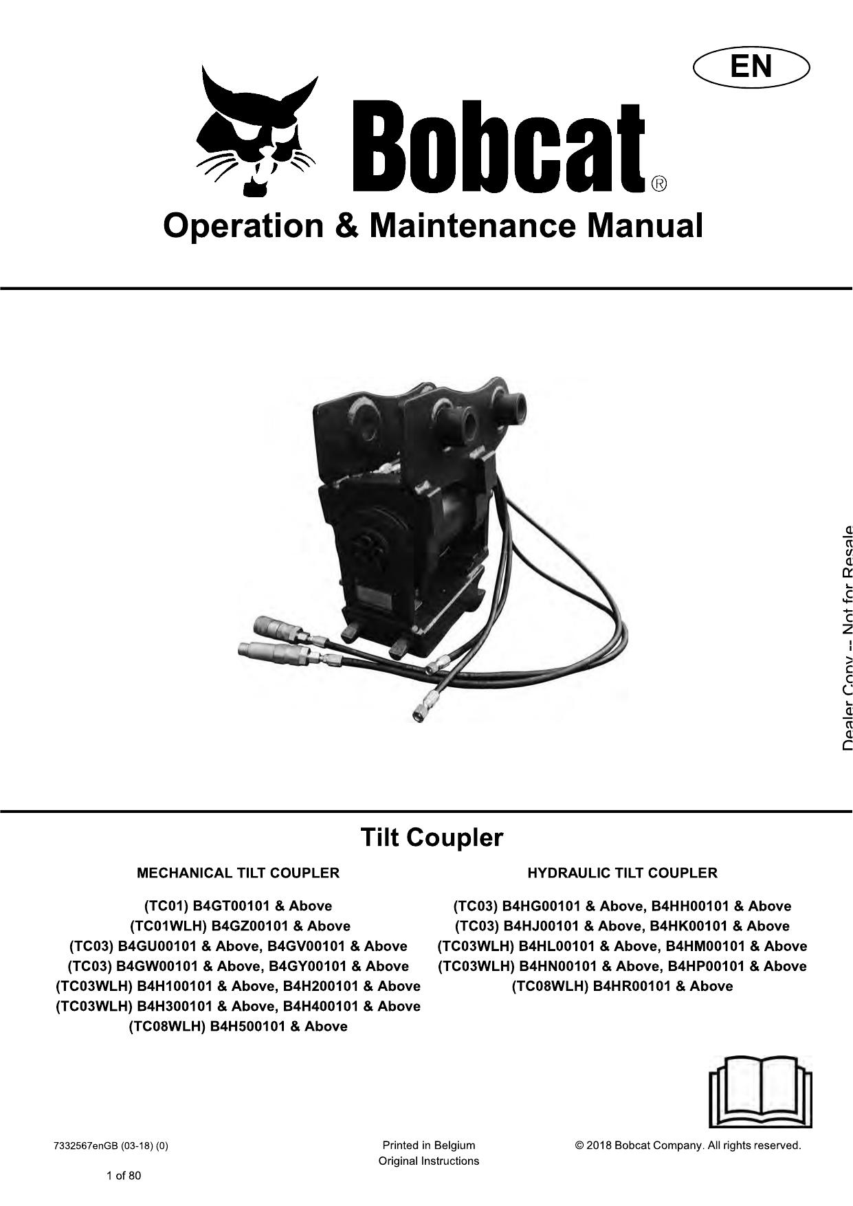 Tilt Coupler Attachment Operation & Maintenance Manual Bobcat